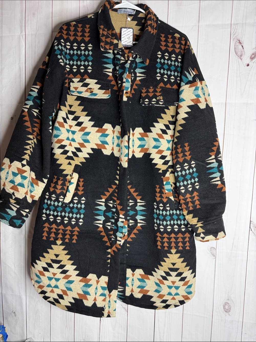 Womens Aztec Pattern Long Shacket - Black with Cream & Teal NWT xl-1160